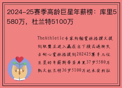 2024-25赛季高龄巨星年薪榜：库里5580万，杜兰特5100万